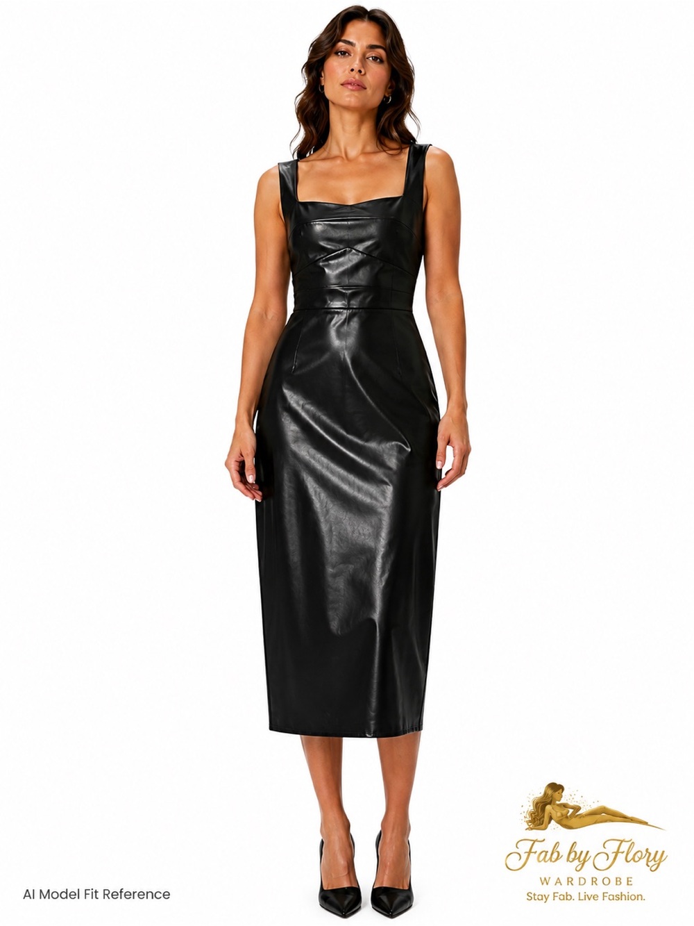 COMMENSE Faux Leather Square Neck Midi Dress – Black – Size XL – NWT